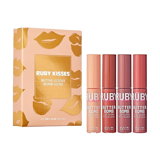 Ruby Kisses Lip Gloss Butter Bomb Gloss Non-Sticky Lip Gloss Vitamin E Natural Nude Lip Makeup- 7.8mL (0.26 US fl.oz) without Box (Champagne, Warm Hug, Flirty, Pilowtalk)