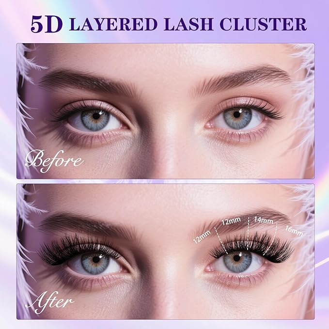 B&Q Lash Clusters Kit Wispy Fluffy - Feath5D 03 Eyelash Clusters Kit with Glue & Tools, Feathered Lightweight Lash Kit, 8-18mm C Curl Waterproof False Lashes