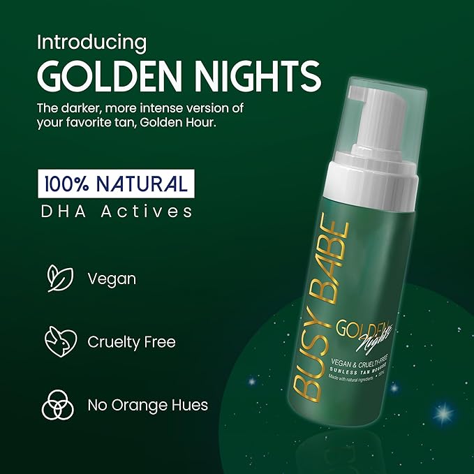 Busy Babe Self Tanner - Golden Nights Express Rapid Dark Tanning Mousse - Deeper Sun-Kissed Glow with Mitt - Vegan, Cruelty-Free, Instant Tan, Self Tanning Mousse Pump - 7.2 oz, No Orange Hues