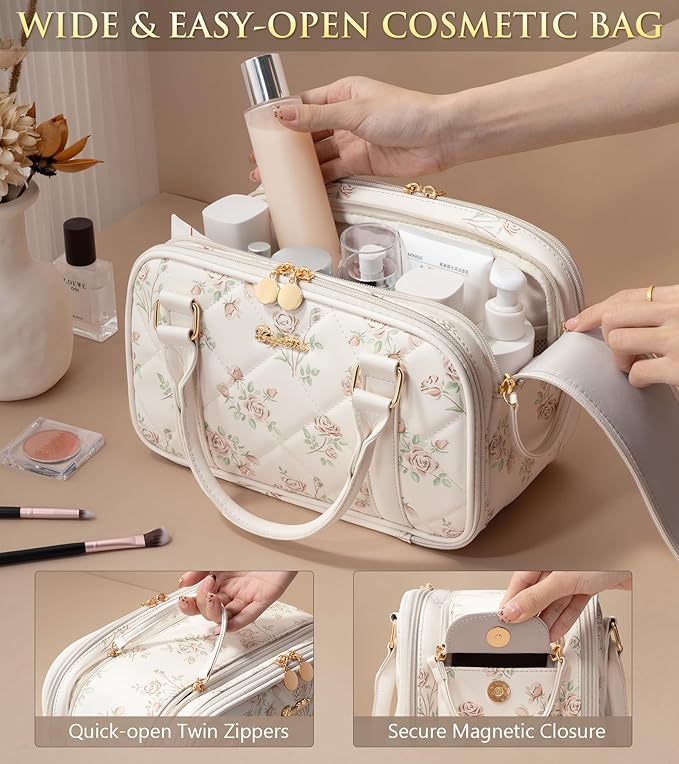 Bagstellar Travel Makeup Bag, Large Capacity Quilted Toiletry Bag for Women Wide-open Cosmetic Bag Make Up Case Organizer Portable Pouch w/Handle & Brush Holder for Traveling Accessories Beige Floral