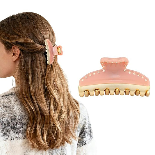 Premium Claw Clips for Women, 3 Inch Medium Hair Clips for Thick Thin Hair, Gold Hair Accessories, Strong Hold Non-Slip French Hair Clip for Teen Girls, Valentine's Day Gift for Her, Pink