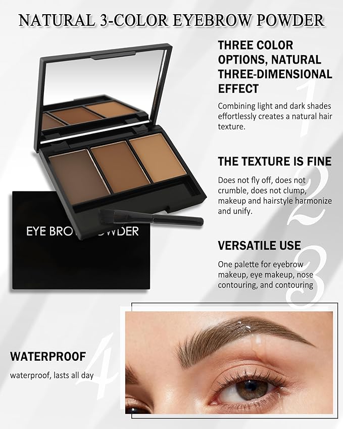 Eyebrow Powder Kit,3 Color Auburn Brown Black Gray Eye Brow Powder Palette with Razor Brush, Long Lasting Waterproof Brow Filler Fill & Sculpt Full Eyebrows, Christmas Makeup Gift Set for Women-03