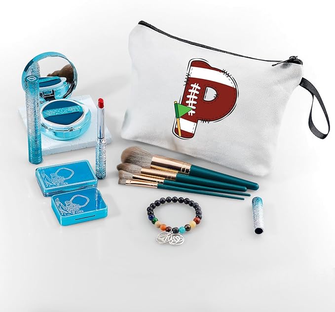 ARIOSEY Football Initial Birthday Graduation Gifts Cosmetic Travel Toiletry Bags Football Accessories Party Favors for Women Girls Daughter Niece Team Coach Friends -P