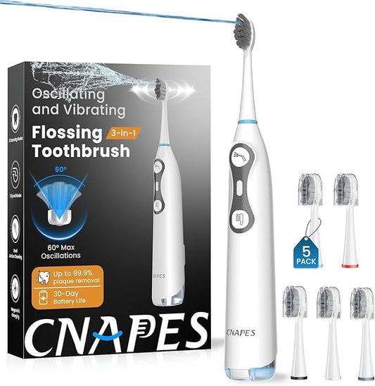 3-in-1 Flossing Toothbrush – Flosses, Vibrates and Oscillates, Electric Toothbrush with Water Flosser for Adults, 5 Brush Heads, 3 Modes for Plaque Removal, Sensitivity & Braces, Travel - White