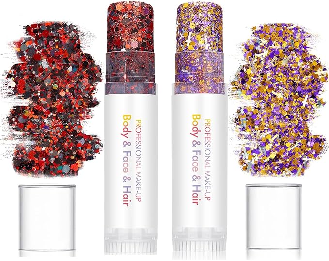 Body Glitter Stick for Face & Body & Hair - Red/Black & Purple/Gold Chunky Sparkle Set, 2 Pack | Versatile Festival Makeup for Party, Rave, Cosplay