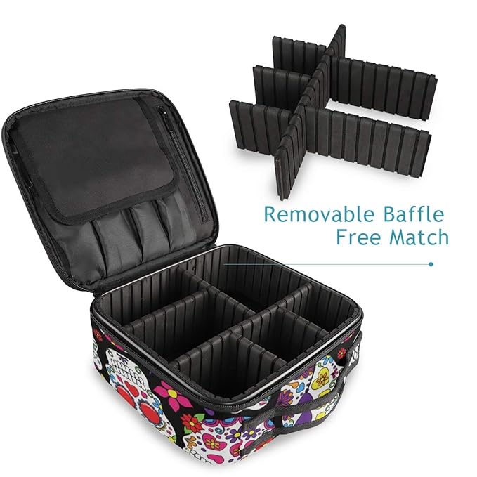 ALAZA Travel Makeup Case, Halloween Colorful Floral Sugar Skull Black Cosmetic toiletry Travel bag for Women Girls
