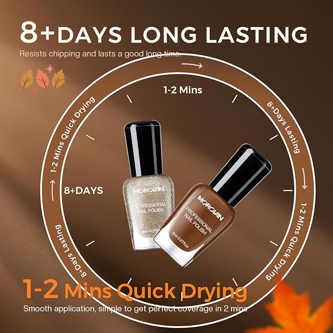 Morovan Fall Nail Polish Set: Dark Brown Burnt Orange Chocolate Mocha Mousse Coffee 2025 Fingernail Polish Kit Glitter Autumn Winter Tan Nude Air Quick Dry Regular Home DIY Manicurist Women Girls Gift