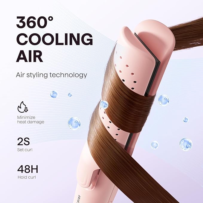 Wavytalk Airflow Styler Curling Iron, Cool Curl, 360° Cool Air Lock in Style for Lasting Curls, Reduces Damage, 2 in 1Hair Straightener and Curler, 1.25 Inch, Anti-Scald for Short Long Hair, Pink