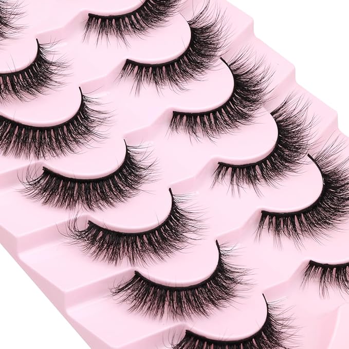 Lashes Natural Look Faux Mink Lashes Wispy Eyelashes Short Natural False Lashes Cat Eye 6D Volume Strip Lashes Pack 7 Pairs