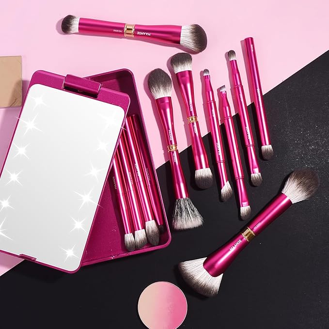 MAANGE Makeup Brushes 12 Pcs Double-ended Kabuki Brush Travel Makeup Brushes for Foundation Powder Concealers Eye Shadows Makeup Tools Set with LED light Mirror (Pink)