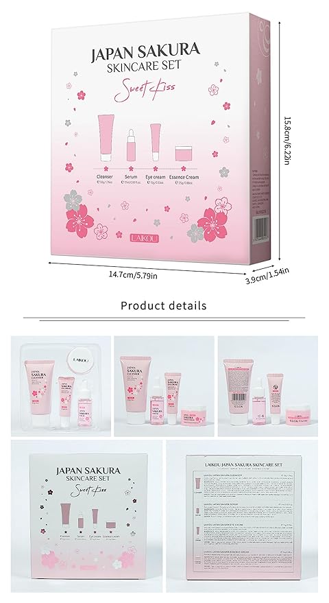 Travel Skincare Kit - Sakura Gentle Daily Face Routine Set for Teen Girls & Women | Hydrating Cleanser, Anti-Aging Serum, Moisturizer, Eye Cream - Radiant Skin Mini Holiday Box Gift (4PC)