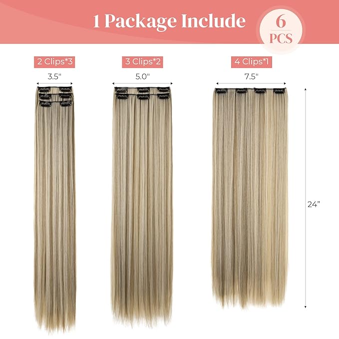 LONAI Clip in hair extensions 6PCS Straight 24" Hair Extensions for Women，Heat Resistant Synthetic Hairpiece-Ash Brown with Blonde Highlights