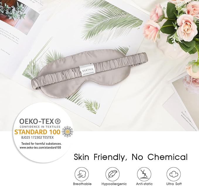 SILKTALE Silk Sleeping Mask for Travel/Plane/Side Sleeper Pure Mulberry Silk Eye Mask for Sleep/Men/Women/Adults Thin Cooling Eye Cover,Grey