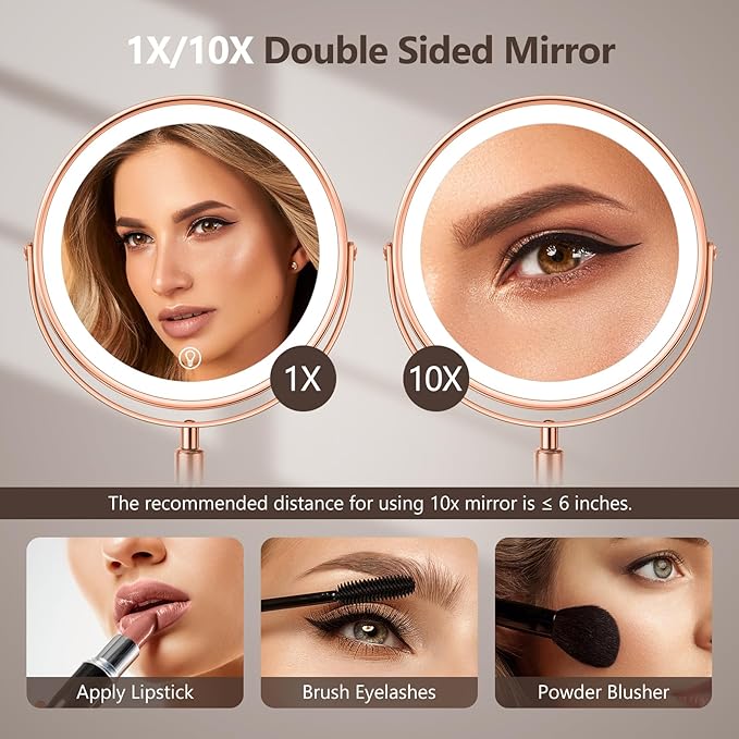 10X Large Lighted Makeup Mirror, Rechargeable 8" Height Adjustable Vanity Mirror, 1x/10x Magnifying Mirror with 3 Color, Brightness Adjustable, 360° Rotation Double Sided Mirror, Ideal Gift(Rose Gold)