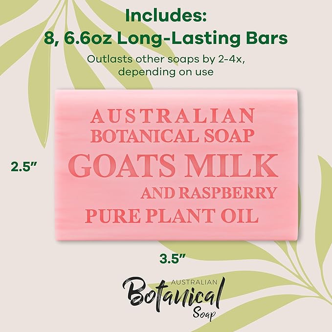 Australian Botanical Goats Milk Soap and Raspberry, 6.6 OZ, Triple Milled Bars made with a Natural Soap Base and Enriched with Organic African Shea Butter, Pack of 8