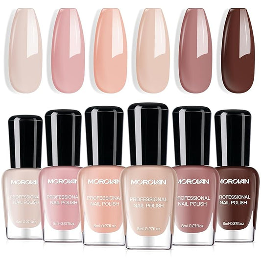 Morovan Nude Nail Polish Set: 6PC Neutral Pink Milky Skin Color Nail Polish Kit Pale Beige Cream Taupe Tan Brown Natural Mini Summer Manicurist Beautify Women Girls Gift