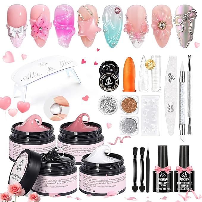 Beetles 3D Gel Nail Art Kit-3D Nail Art 4 Colors Clear Pink White Builder Nails Gel Non-Sticky Hand Sculpting Building for DIY Salon at Home,UV & LED Lamp Cured Needed