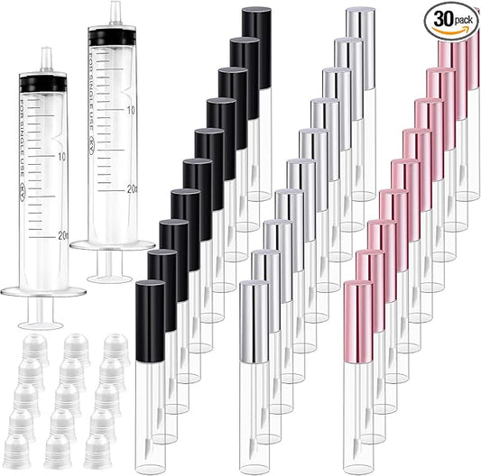 Bercoor 30 Pack Lip Gloss Tube, 10ml Empty Refillable Lip Balm Bottle Clear Plastic Lip Gloss Container with Rubber Stoppers for DIY Makeup, Personal Cosmetic, Black, Sliver and Pink