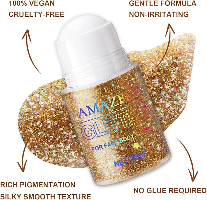 Roll-on Holographic Body Glitter Gel for Face and Hair, Chameleon Color Changing Glitter Gel Under Light, Chunky Mermaid Sequins Shimmer Makeup for Halloween Party Rave Accessories (Champagne)