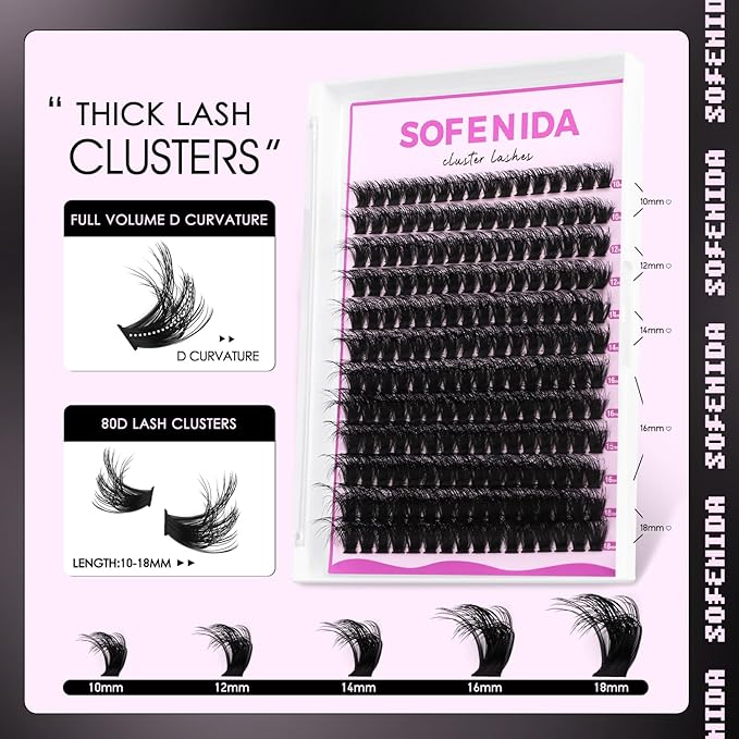 Lash Clusters Kit 80D Lash Clusters Kit 10-18mm Volume Eyelash Clusters D Curly Cluster Eyelash Extensions 3D Wispy Lashes Cluster DIY Lash Extension Kit(80D-10-18MIX Thick Kit)