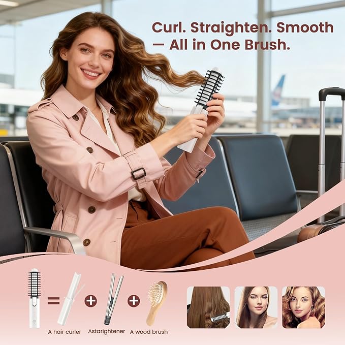 Youbella Cordless Hair Curling Iron Brush, Portable Travel Hair Curler, Mini 1.5″ Heated Round Brush, 3-in-1 USB Rechargeable Straightening Wand for Styling & Smoothing, 200 Million Ionic Care, White