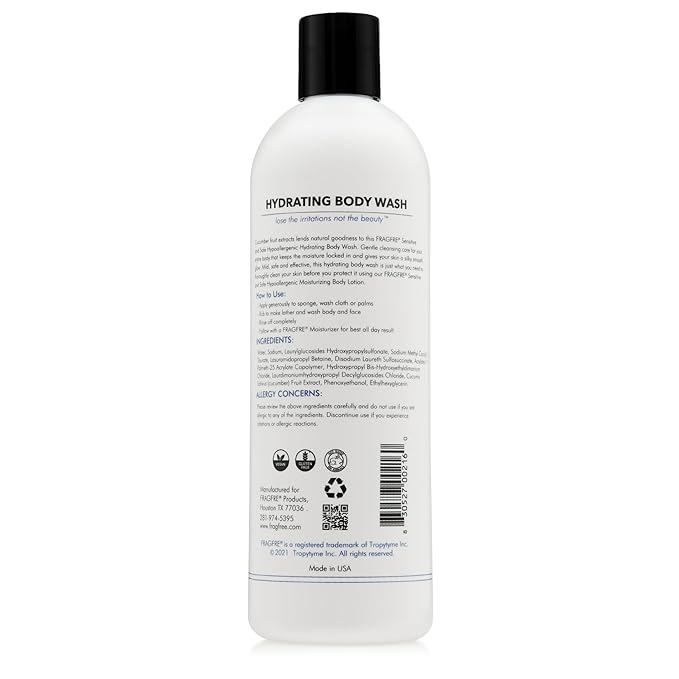 FRAGFRE Sensitive Body Wash 16 oz (2-Pack Gift Set) - Paraben Free Sulfate Free Body Cleanser - Hypoallergenic for Delicate and Flaky Skins - No Added Fragrance - Cucumber for Hydration - Vegan GF/CF