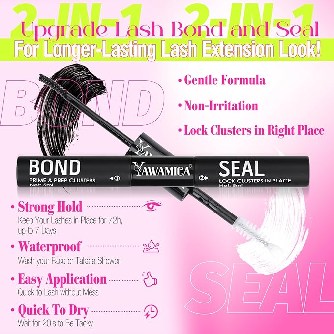 Yawamica Lash Clusters Kit with Spikes DIY Spiky Eyelash Extension Wispy Eyelash Clusters 12-20mm with 15-21mm Lash Spikes D Curl Individual Lashes DIY Lash Extension Kit with Bond and Seal Tweezers