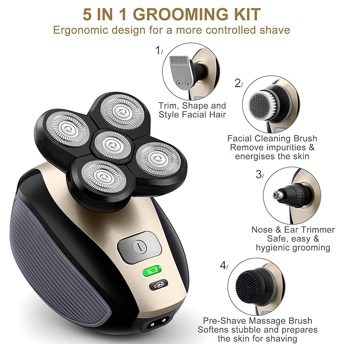 Bald Shavers for Men - Telfun Upgrade 5-in-1 Electric Head Shavers for Bald Men, 100% Waterproof Cordless Razor, Wet/Dry Shaving, 5 Dual Track Heads, Mess-Free Hair Capture