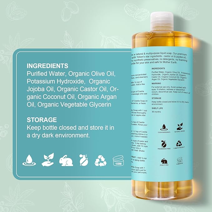 Yoken Pure Castile Soap Liquid Unscented 67 fl oz Castile Liquid Soap Made With Organic Oil, Clean & Gentle, No Palm Oil, Vegan, Natural Castille soaps for Face Body Hand Wash, Dishes Multi-purpose