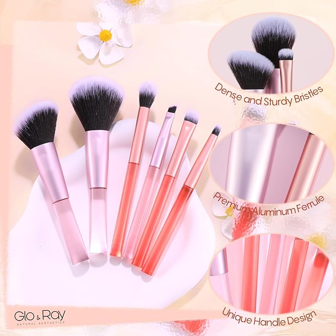 GLO&RAY Makeup Brushes 6Pcs - Travel Make Up Brush Set Professional for Eyeshadow, Foundation, Powder, Concealer, Blush, Eyeliner & Brow Blending Portable Face Cosmetic Brushes Kit with Case Mini