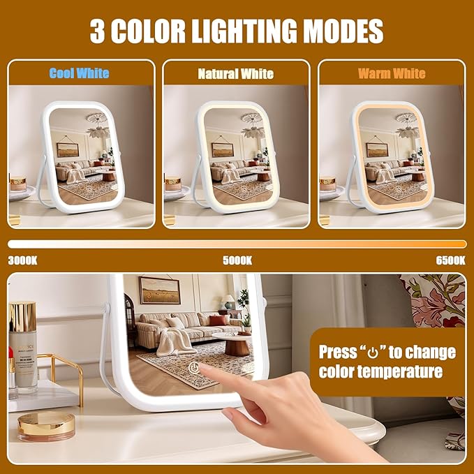 Vanity Mirror with Lights, 6"×8" Travel Makeup Mirror with lights Built-in 1500mAH Battery, Smart Touch with 3-Color Lighting, Dimmable, Compact Desk Mirror, Women Gift, Travel Essentials(White)