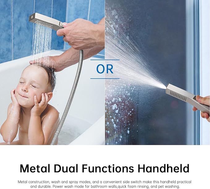 G-Promise All Metal 10 Inches Rain Shower Head with Handheld Built-in Power Wash Mode, 3-way Diverter with Pause Setting, 11 Inches Adjustable Extension Arm with Lock Joint, Long Hose (Brushed Nickel)