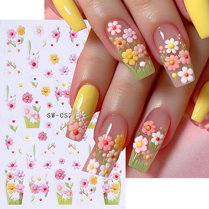 6 Sheets Flowers Nail Art Stickers Decals 3D Self Adhesive Nail Design Stickers Pink Blue White Spring Peach Blossom Flower Daisy Nail Decals for Women Girls DIY Manicure Tip Flowers Nail Decoration