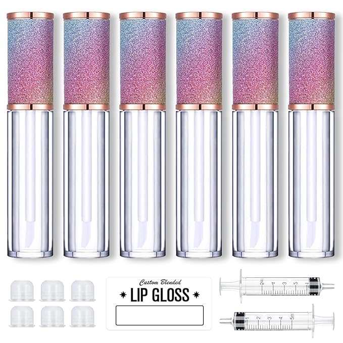 AMORIX 6pcs Lip Gloss Tubes with Wand 5ml Empty LipGloss Containers Rainbow Lipgloss Bottles Crystal Lip Gloss Supplies Kit with 2pcs Syringe