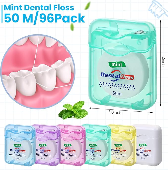 Geiserailie 96 Pack Dental Floss Bulk Mint Flavored Floss 50m Each Travel Dental String Oral Care for Teeth Protection(Square Box)