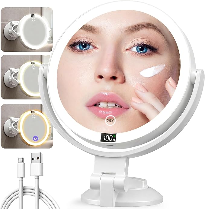 Shinowa Makeup Mirror with Lights, 20X Wall Mounted Lighted Magnifying Mirror, 2-Sided Vanity Mirror with 3 Color Lights & Brightness Adjustment, 360° Rotation Rechargeable Desk Mirror, Travel Mirror