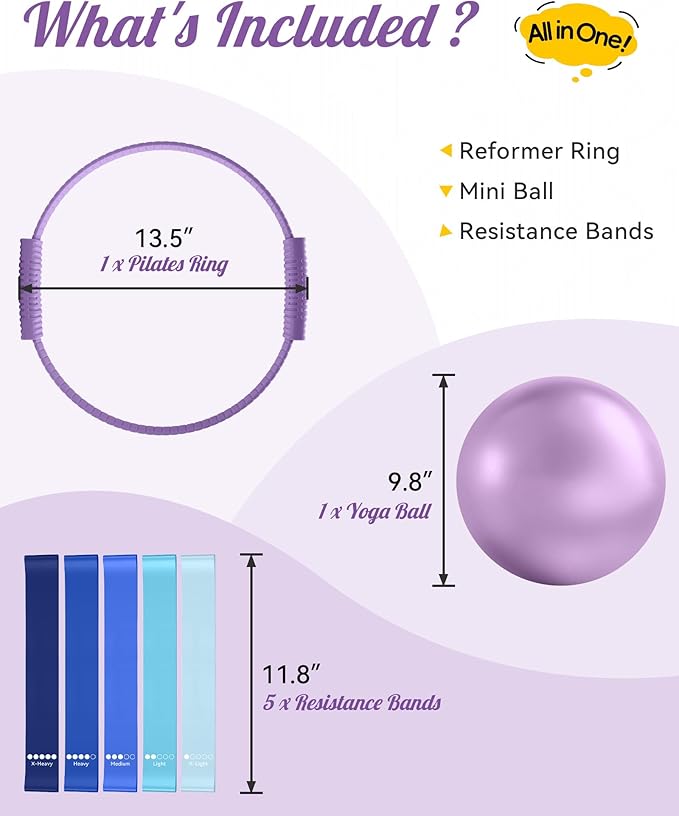 Pilates Ring Set, Home Pilates Kit for Women Pilates Equipment Ring and Ball Set Magic Circle Hoop with 5 Resistance Bands Compact Toning Fitness Essentials Starter Set Accessories