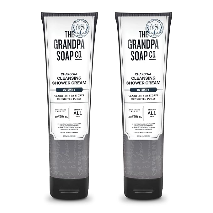 The Grandpa Soap Company Charcoal Cleansing Shower Cream - Clarifies & Restores Congested Pores, With Activated Charcoal & Hemp Seed Oil, Detoxifies, 9.5 Fl Oz, 2 Pack