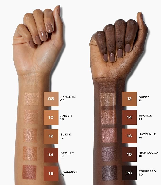 MAKE Beauty Diffusion Dew Skin Tint. Sheer to Medium Coverage Radiant Finish. Blurring, Smoothing, and Brightening for Glowing Complexion. Enhanced with Niacinamide and Adenosine. Bronze 14