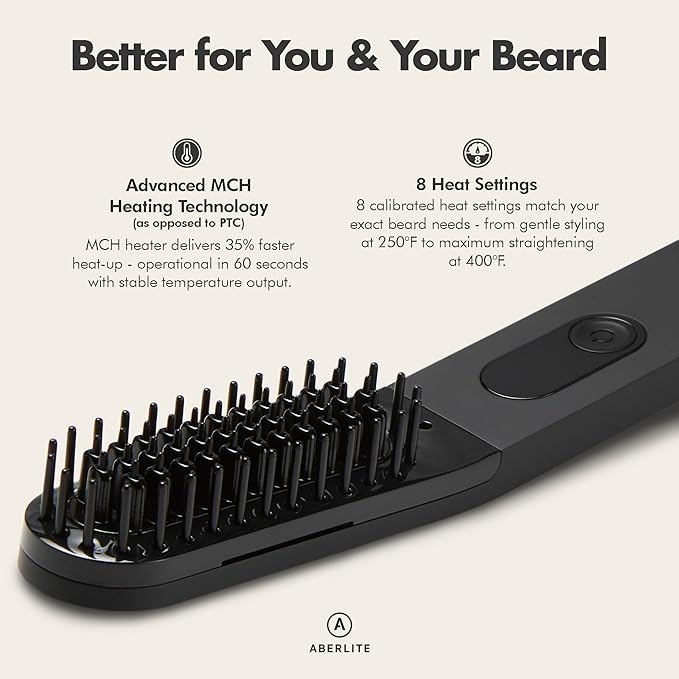 Aberlite Slim Beard & Hair Straightener - Anti-Scald Comb Tooth - Ionic Conditioning - Heated Brush - Straightening Comb for Men - for All Beard Types
