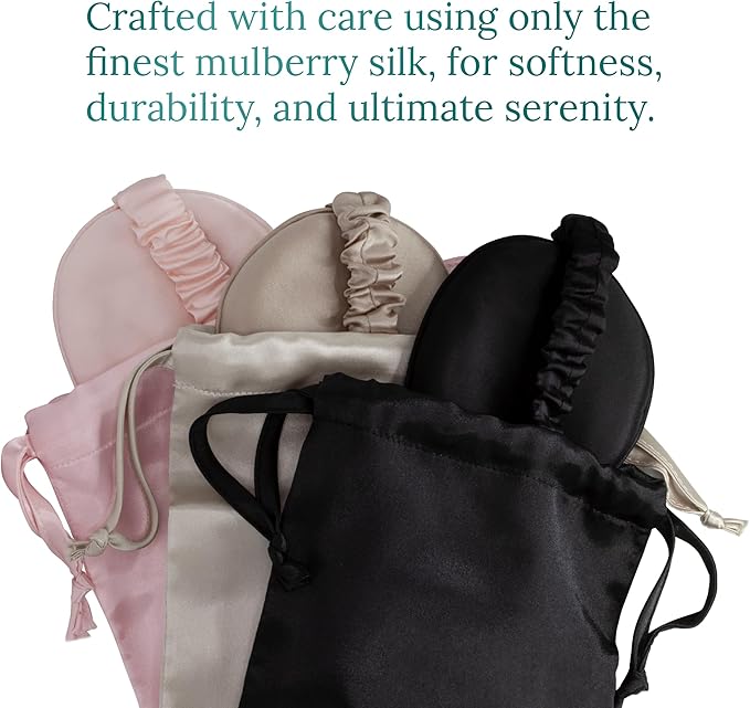 Satavi Naturals Mulberry Soft Silk Eye Mask for Sleeping with Ear Plugs & Luxury Bag - Cooling Night Eye Covers Face Mask for Women - Blindfold Travel Eye Mask Blocking Out Light - Champagne
