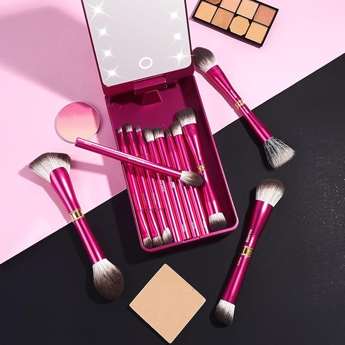 MAANGE Makeup Brushes 12 Pcs Double-ended Kabuki Brush Travel Makeup Brushes for Foundation Powder Concealers Eye Shadows Makeup Tools Set with LED light Mirror (Pink)