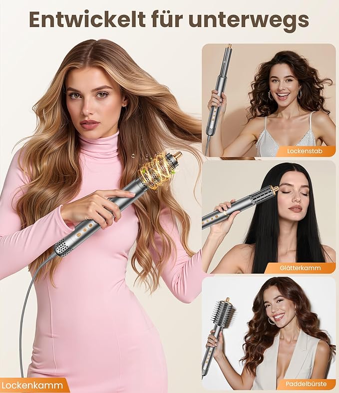 8 in 1 Hair Styler Curler & Air Dryer Brush, High-Speed Negative Ionic Foldable Hair Dryer Fast Drying, Multi Professional Hot Air Styler for Curling Volumizing Straightening Styling(Grey)
