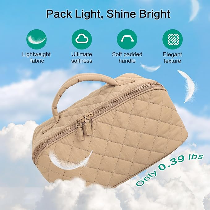 RunaFun Travel Makeup Bag for Women, Puffer Quilted Open Flat Makeup Organizer with Toiletry Bag, Portable Cosmetic Case for Travel & Daily Use, Brown