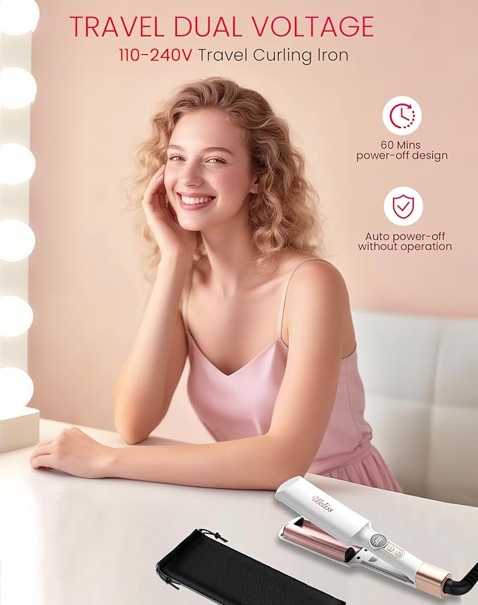Mini Waver Hair Tool Crimper for Women Short Hair 0.4 inch Travel Double Barrel Small S Waver Ceramic Curling Iron (110-240V) Dual Voltage with 5 Temps, Anti-scalding for Dating, Daily (White)