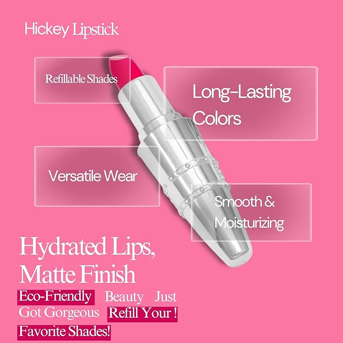 Hickey Lipstick Set - Walk of Shame (Hot Pink), Refillable Silver Case with Chain, Satin Pouch & Ribbon (Wearable Necklace), Long Lasting Hydrating Velvet Finish Lipstick for Women, Vegan, Gluten-Free