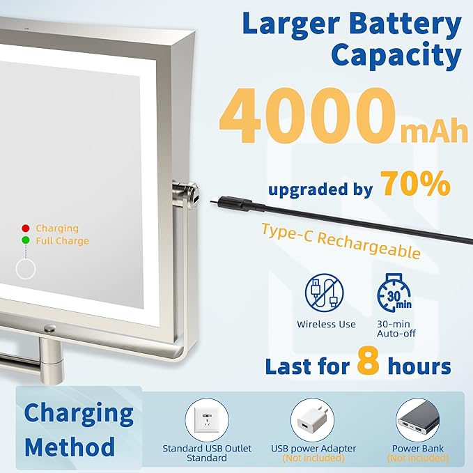 Ruacq Rechargeable Wall Mounted Makeup Mirror with Lights, Double Sided 1X/7X Magnifying Vanity Mirror with 3 Color Lights, Touch Screen Dimmable, 360° Rotation Extension Foldable (Brushed Nickel)