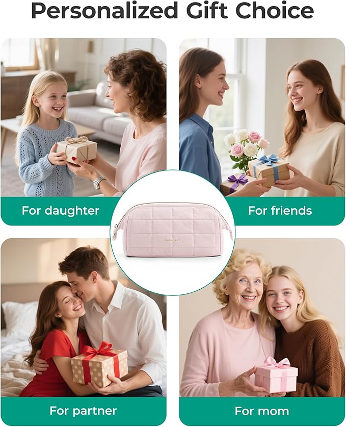 BAGSMART Makeup Bag Cosmetic Bag Wide Open, Beige, M, Wide-open Travel Makeup Bag With Puffy Padded and Rectangular Quilted