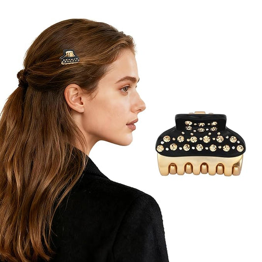1.2" Mini Clover Claw Clips for Girls Kids - 18K Gold Plated Small Black Hair Clips for Side Bangs & Braids, Rhinestone Hair Accessories for Fine Hair, Cute Birthday Gift for Daughter