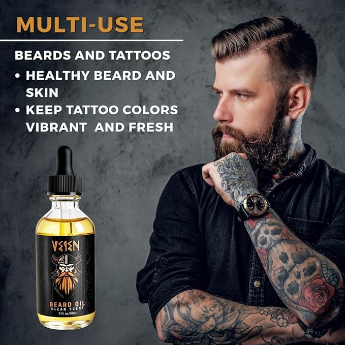 Veien Beard Oil for Men Premium All-Natural 2floz Made in USA for Thicker Darker Fuller Growth Moisturizes Conditions Softens Strengthens Smooths Frizz Hydrates for All Hair & Skin Types Reduces Itch